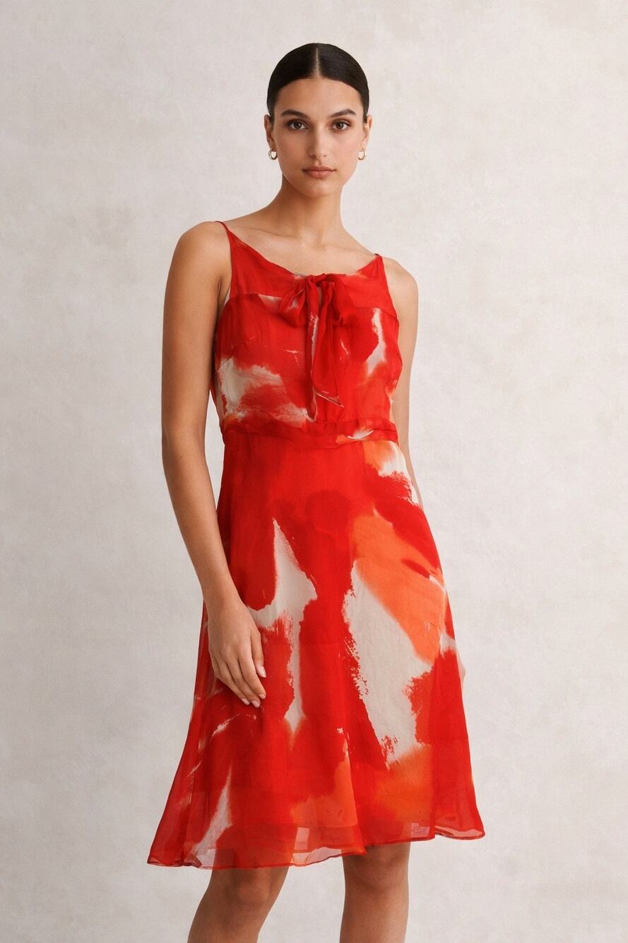 Theory Bright Red Floral Silk Chiffon Strappy Dress Mini Sundress Romantic Small